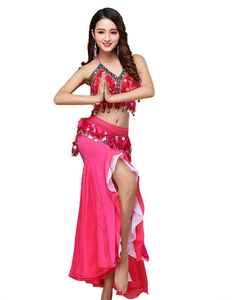 ORIDOOR Women's Belly Dance Dress Set - Rose Red - One Size Fits Most - Bra Top, Waist Belt & Chiffon Skirt - Hand Wash Only - Image 2